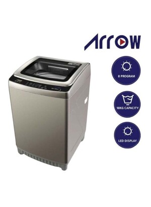 غسالة أتوماتيك تحميل علوي سعة 18 كجم مع مضخة، 8 برامج، لون فضي، قفل للأطفال، غطاء علوي من الزجاج المقوى | رقم الموديل: RO-18TLT